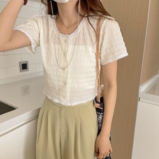 Lace Flower Trim Short-sleeve Shirt Top
