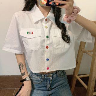 Short-sleeve Contrast Button Crop Shirt