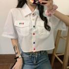 Short-sleeve Contrast Button Crop Shirt