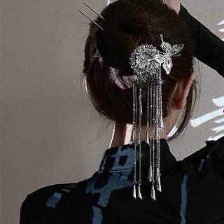 Butterfly Fringed Alloy Hair Stick 1pc - Silver - One Size