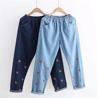 Strawberry Embroidered Loose Fit Jeans