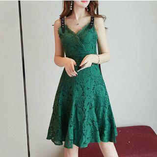 Buckled Strap Sleeveless Lace Dress