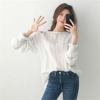 Frill-cuff Fringed Sheer Top