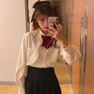 Long-sleeve Tie Neck Shirt White - One Size