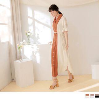 Elbow Sleeve Two Tone Maxi Shirt Dress