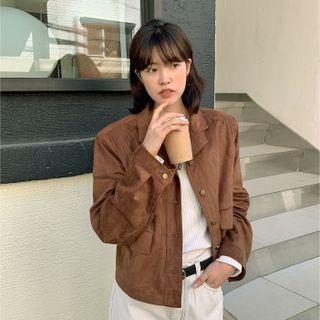 Flap-pocket Faux-suede Jacket Brown - One Size