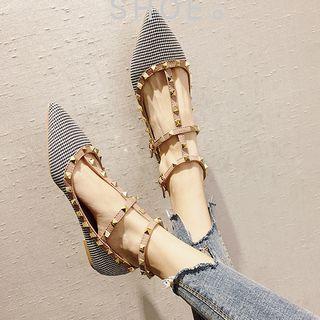 Studded Strap Houndstooth Pointy-toe Flats