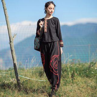 Set: Embroidered Long-sleeve Top + Harem Pants