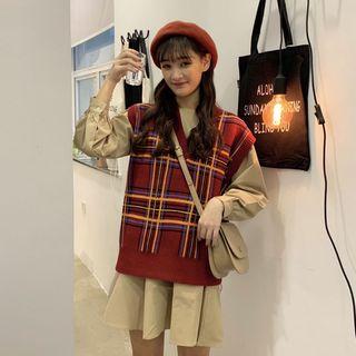 Long-sleeve A-line Dress / Plaid V-neck Knit Vest