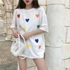 Elbow-sleeve Heart Print Long T-shirt White - One Size