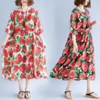 Elbow-sleeve Strawberry Print A-line Midi Dress
