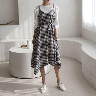 Plaid Midi Overall Dress With Sash Black - One Size