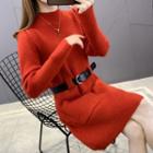 Set: Long-sleeve Mock-neck Knit Midi Dress + Belt