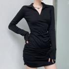 Long-sleeve Polo-neck Ruched Mini Bodycon Dress