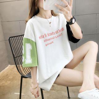 Contrast Color Elbow-sleeve Lettering T-shirt