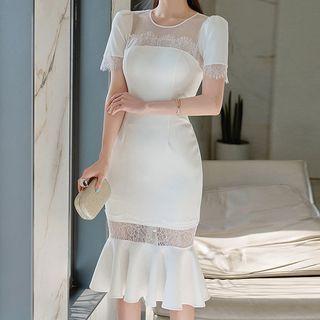 Short-sleeve Paneled Lace Trim Sheath Dress