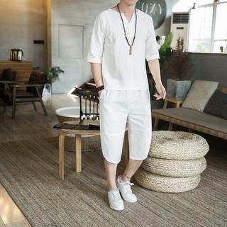 Set: Elbow-sleeve Split-neck T-shirt + Shorts