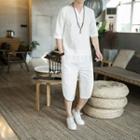 Set: Elbow-sleeve Split-neck T-shirt + Shorts
