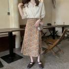 Elbow-sleeve Lace Blouse / Floral Print Skirt