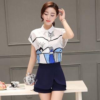 Set: Printed Short Sleeve Shirt + Plain Wide Leg Shorts