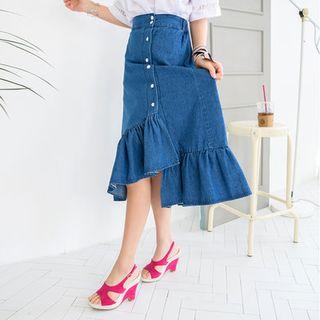 Ruffle-hem Buttoned Denim Long Skirt
