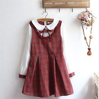 Long-sleeve Plaid A-line Mini Dress Red - One Size