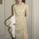 Asymmetrical Shirred Midi Shirtdress
