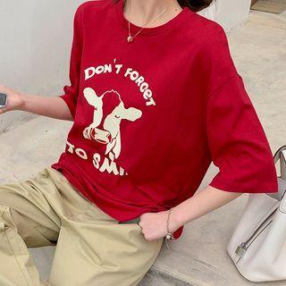 Short-sleeve Cartoon Cow Print T-shirt Red - One Size