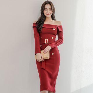 Off-shoulder Button-up Sheath Dress