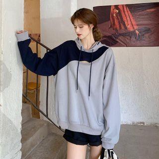 Long-sleeve Two-tone Hoodie Grayish Blue - One Size
