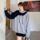 Long-sleeve Two-tone Hoodie Grayish Blue - One Size