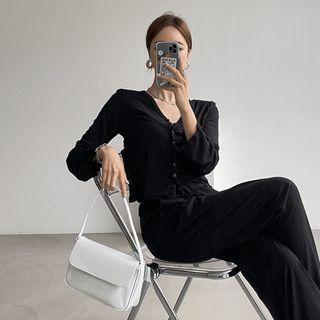 Set: V-neck Cropped Cardigan + Band-waist Pants