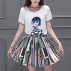 Set: Short-sleeve Print T-shirt + Print Pleated Skirt