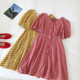 Plaid V-neck Cut Out Dress