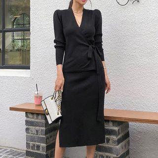 Set: Tie-waist Sweater + Knit Midi Straight-fit Skirt