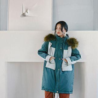 Furry Trim Color Panel Hooded Coat