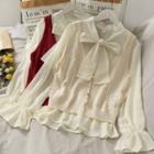 Set: Ribbon-neckline Loose Chiffon Blouse + Button-down Knit Vest In 5 Colors