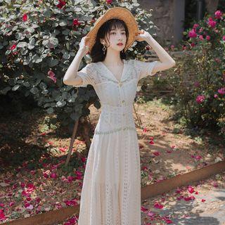 Short-sleeve Sailor Collar Midi A-line Lace Dress