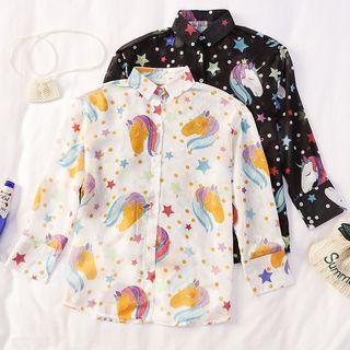 Long-sleeve Unicorn Printed Chiffon Shirt