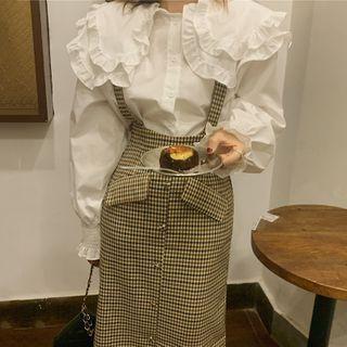 Frill Trim Shirt / Plaid Suspender Skirt