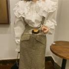 Frill Trim Shirt / Plaid Suspender Skirt