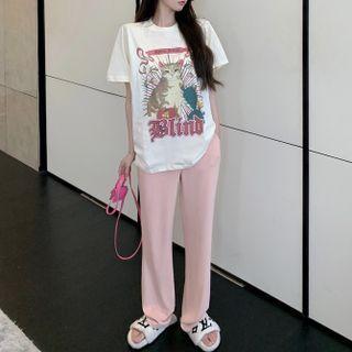 Short-sleeve Cat Print T-shirt Pants