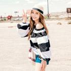 Off-shoulder Balloon-sleeve Stripe Top