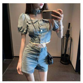 Short Sleeve Crop Denim Top / Denim Shorts