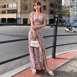 Set: Short-sleeve Printed Top + Slit Midi A-line Dress