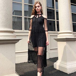 Elbow-sleeve Cold-shoulder A-line Midi Mesh Dress