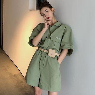 Short-sleeve Single-breasted Playsuit With Belt