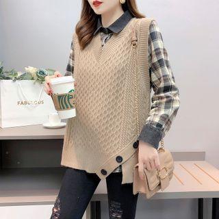 Set: Plaid Shirt + Cable-knit Sweater Vest