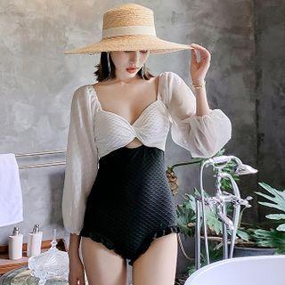 Balloon-sleeve Two-tone Swimsuit