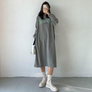 Long-sleeve Lettering Corduroy Midi Dress